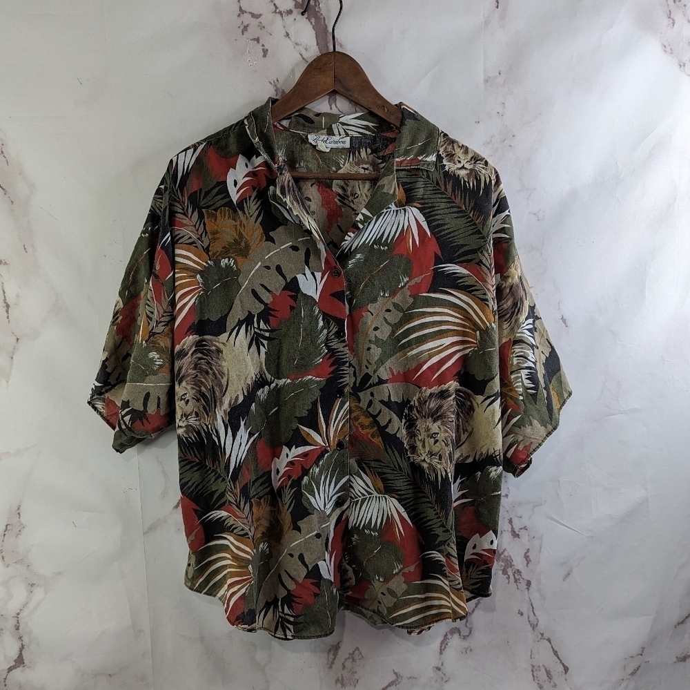 Vintage Camp Shirt men L Green Button Up Jungle Tropical Lion Print 70s 90s